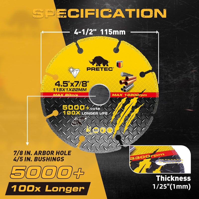 PRETEC Diamond Cutting Wheel 4-1/2 Inch with 7/8" Arbor Hole, Carbide Cut Off Wheel for Angle Grinder, Metal Cutting Disc with 5000+ Cuts on Rebar, Steel, Iron & INOX–3 Pack - Image 5
